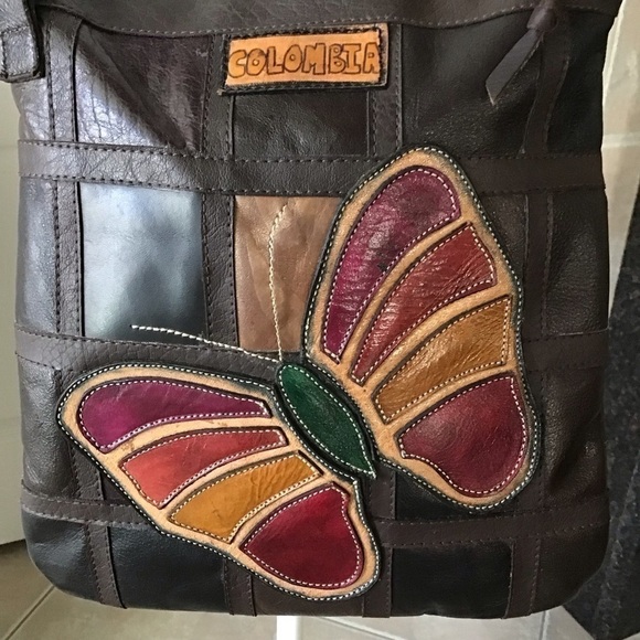 Leather Crossbody Purse Medellin Colombia Patchwork Butterfly Handmade Vintage - Picture 3 of 16